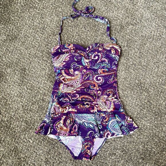 Lauren By Ralph Lauren’s Women’s Purple Paisley One Piece Swim Suit Size 10 - Picture 1 of 9